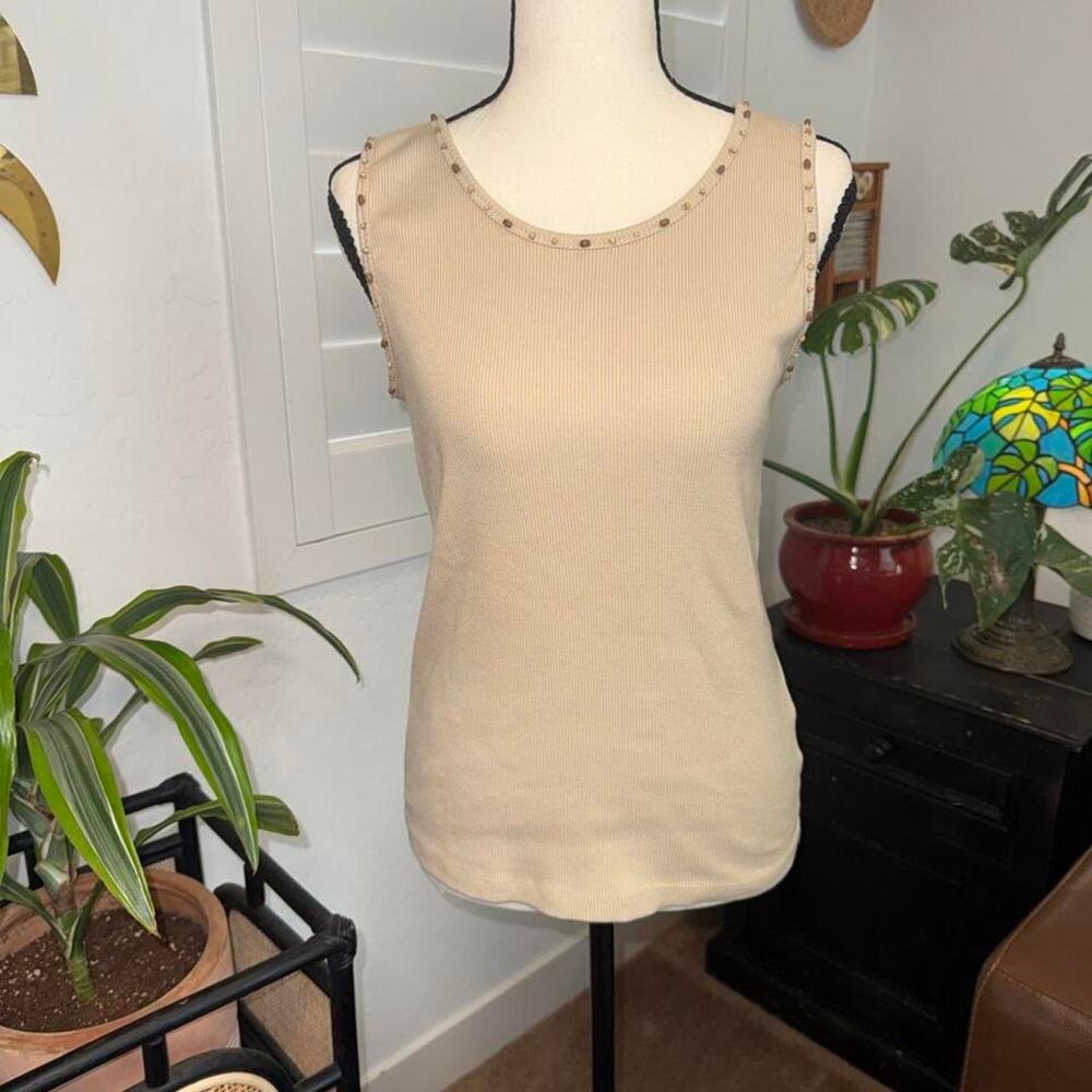 Vintage Y2K Beige Ribbed Tank Top Wooden Bead Trim Boho Medium